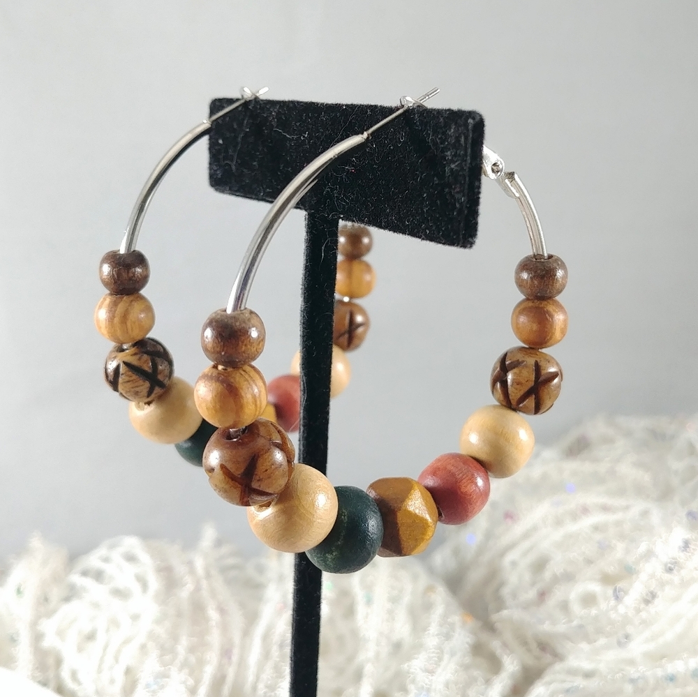 Earth Tone wooden bead boho hoop earrings